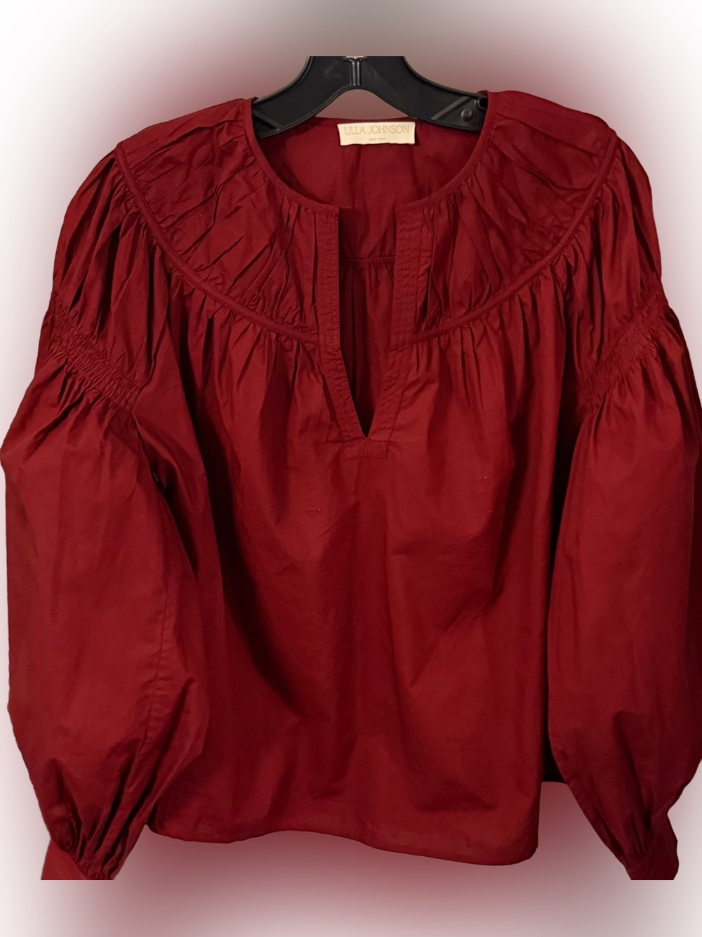 Ulla Johnson “Ora” Blouse Bordeaux Bishop Sleeve Split V-Neck Sz 14 NWOT
